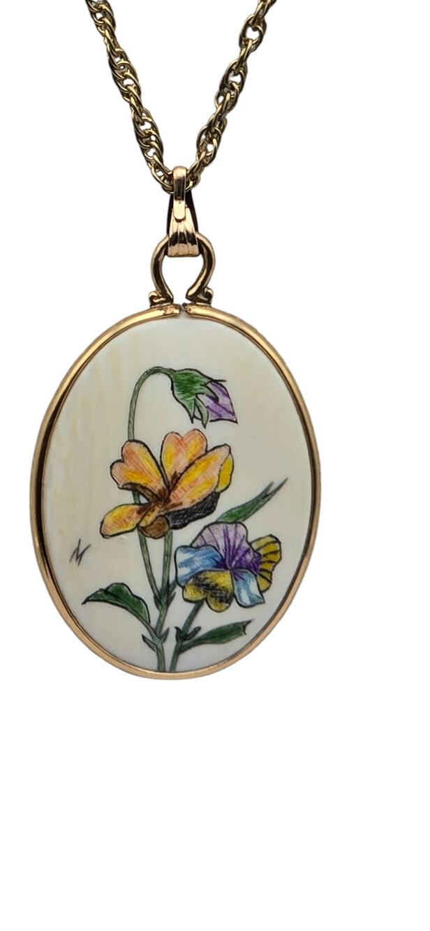 Painted Floral Pendant Necklace Oval Gold Tone Miniature Art Romantic Heirloom